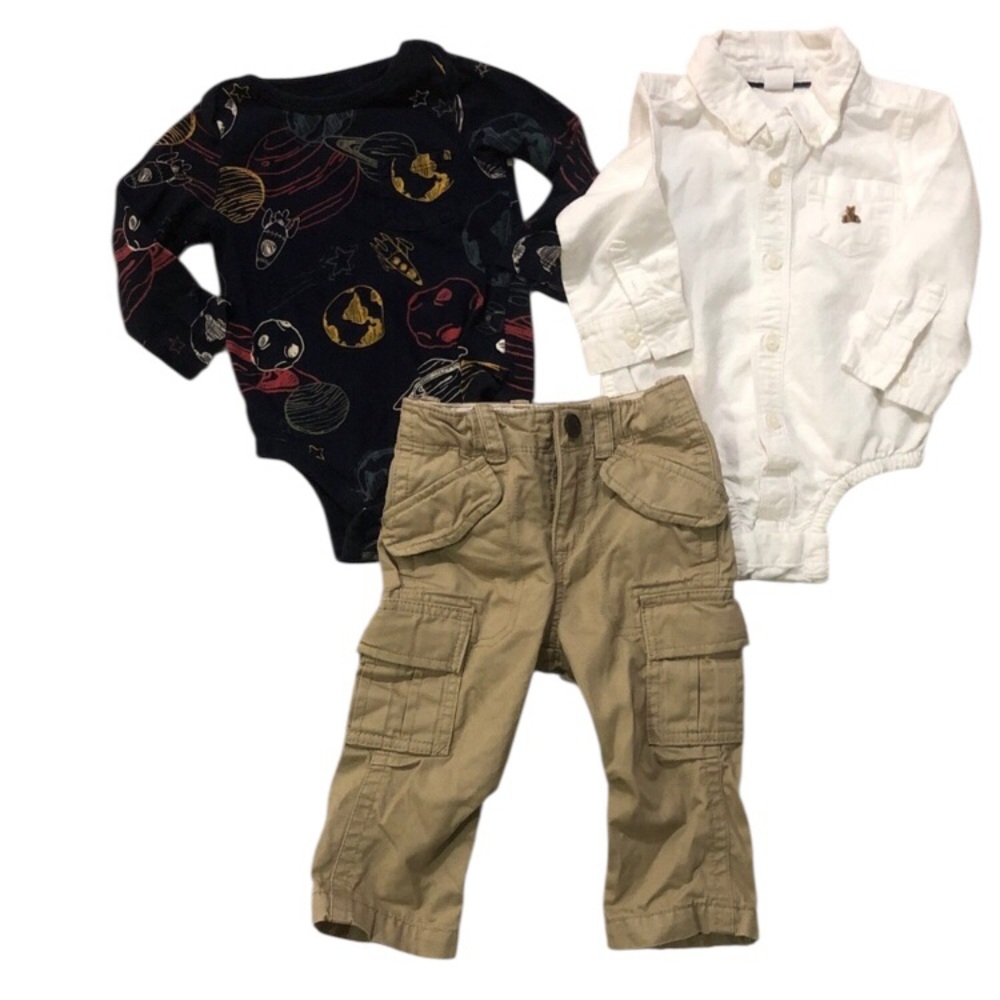 Baby Gap 3 pc bundle 2 onesie-white button down & khaki cargo pants Sz 12-18 Mo